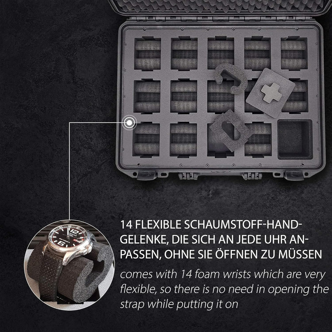 MC-CASES ® Uhrenkoffer Transportkoffer für bis zu 14 Uhren - Reisekoffer - Wasserdicht - Abschliessb