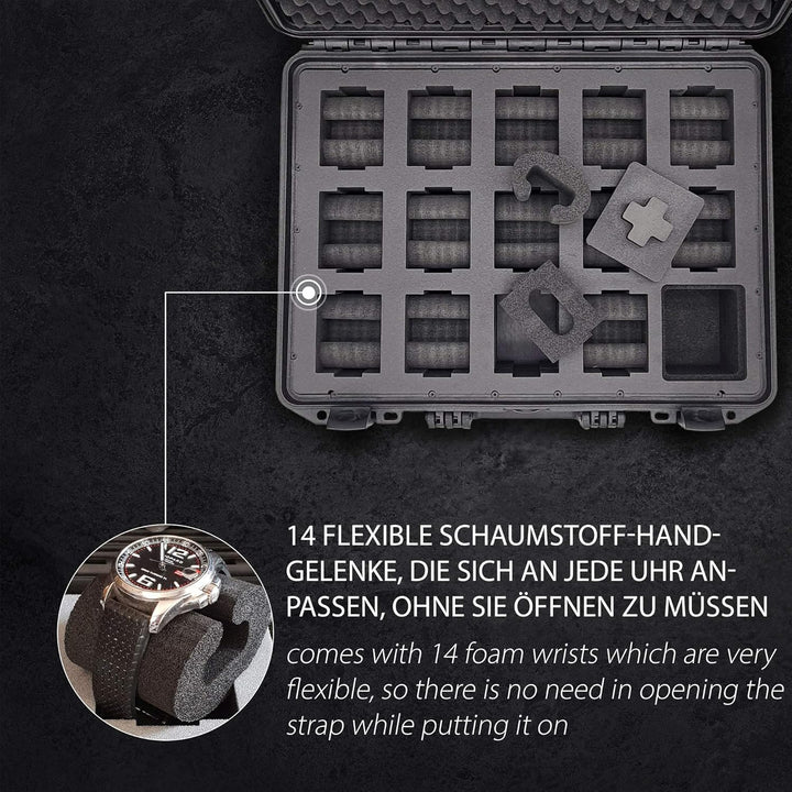 MC-CASES ® Uhrenkoffer Transportkoffer für bis zu 14 Uhren - Reisekoffer - Wasserdicht - Abschliessb