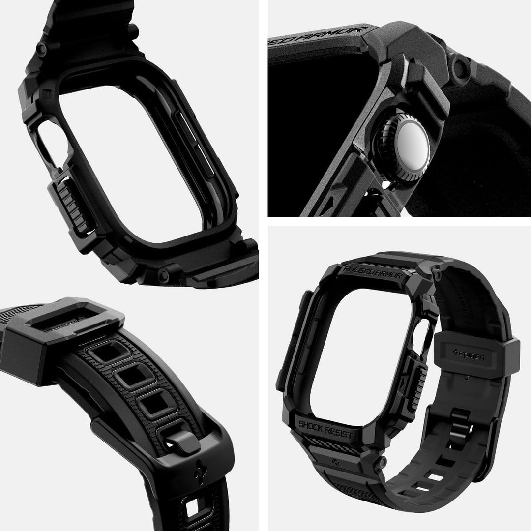 Spigen Rugged Armor Pro Hülle mit Armband Kompatibel mit Apple Watch 11/10 46mm (2025/2024) Matte Bl