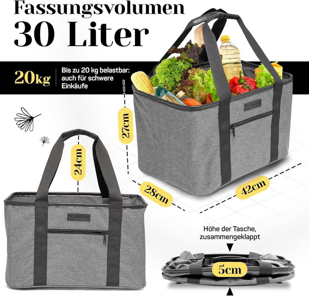 Shopwell Einkaufskorb faltbar 30 Liter | Klappkorb zum Einkaufen &amp; Verstauen | Faltbarer Einkaufskor
