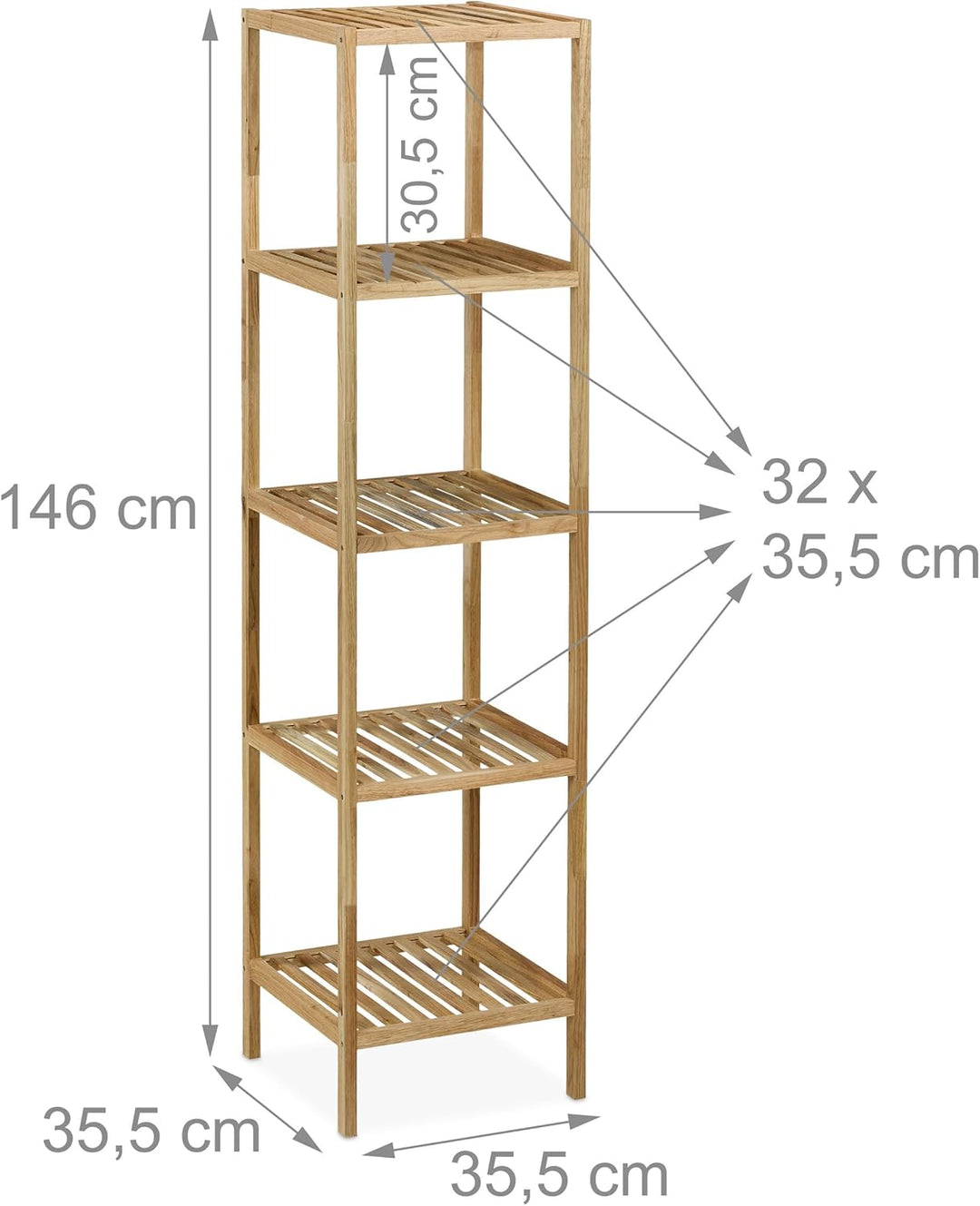 Relaxdays Badregal Walnuss, HBT 146x35,5x35,5 cm, 5 Ablagen, quadratisch, Standregal Küche, Badezimm