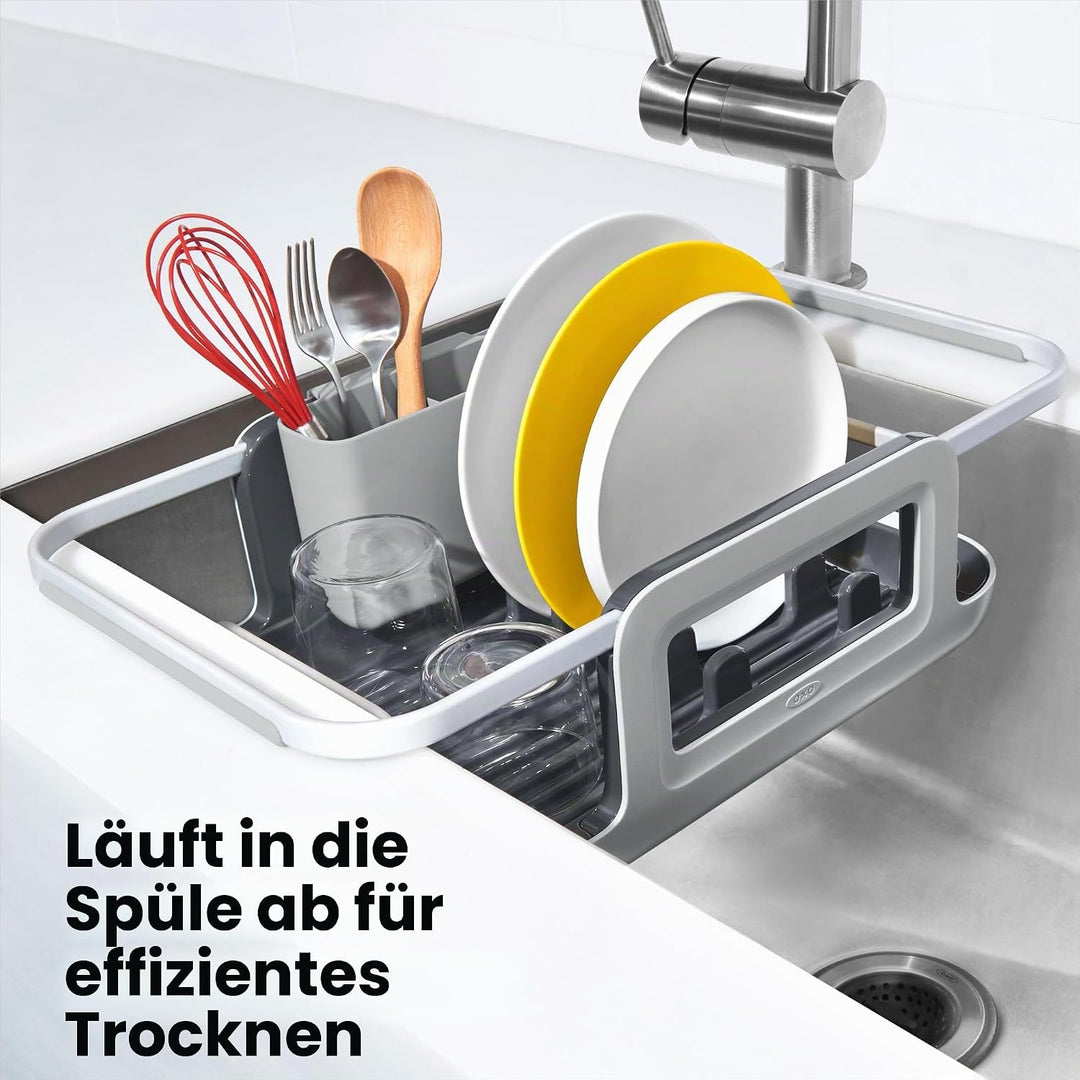 OXO Good Grips Ausziehbares Aluminium-Geschirrgestell für die Spüle, Abtropfgestell für Spülbecken,