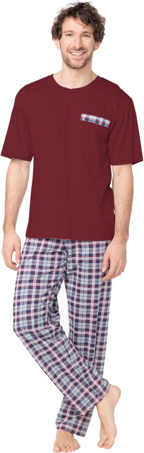 e.VIP® Herren Schlafanzug Chris SL 328A aus 100% Baumwolle S Weinrot/Weinrot Kariert, S Weinrot/Wein