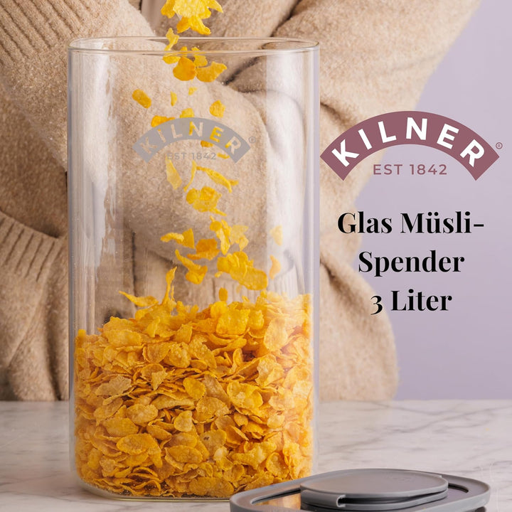 Kilner 3 Liter Müsli-Spender aus Glas | Vorratsdose mit luftdichtem Glas & Silikondeckel | Ausgiesst
