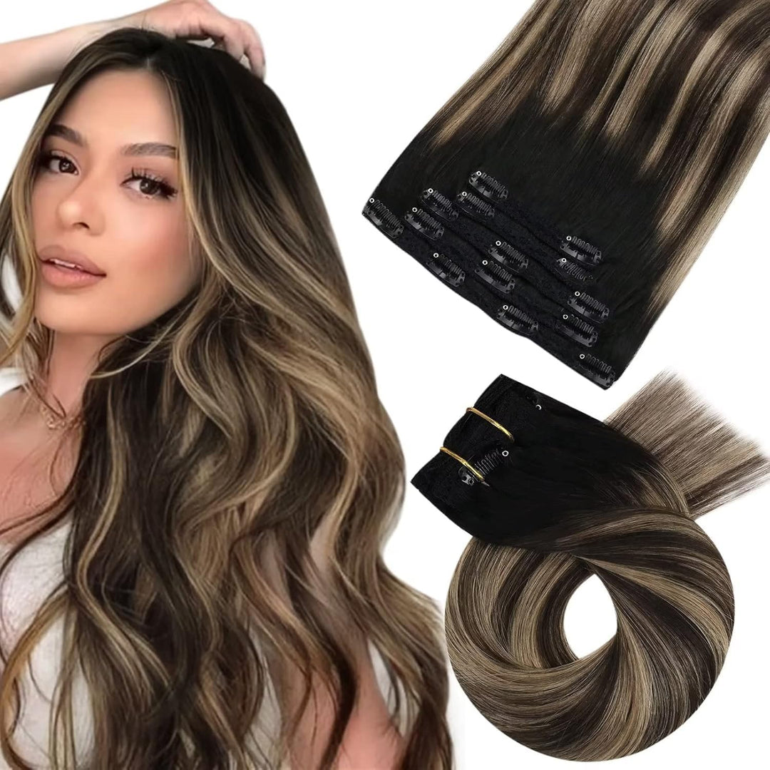 Moresoo Clip in Extensions Echthaar Schwarz Remy Haarverlängerung Echthaar Clip Schwarz Balayage Haa