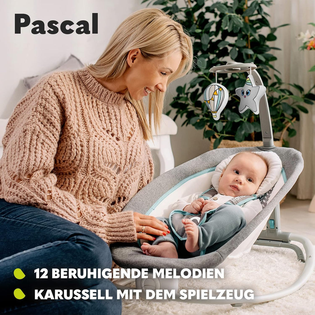 LIONELO Pascal Baby Wippe, sanfte Vibrationen, 5 Melodien, Spielzeugkarussell mit interaktiven Plüsc