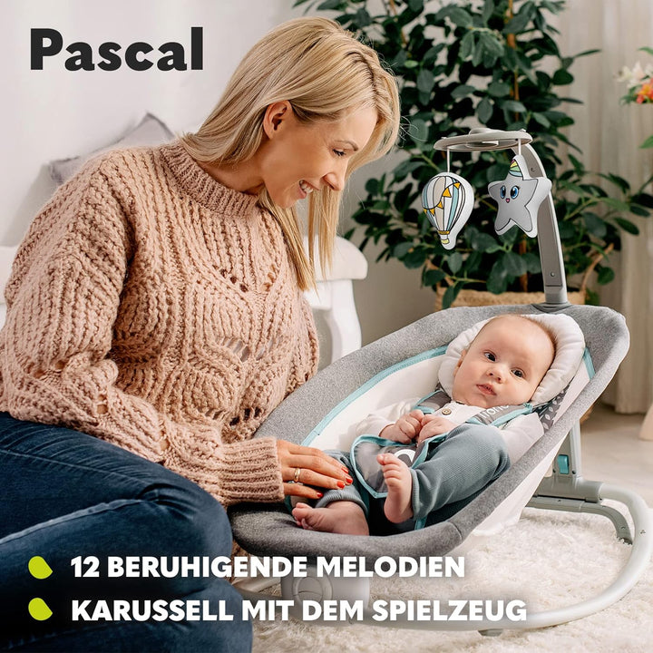 LIONELO Pascal Baby Wippe, sanfte Vibrationen, 5 Melodien, Spielzeugkarussell mit interaktiven Plüsc