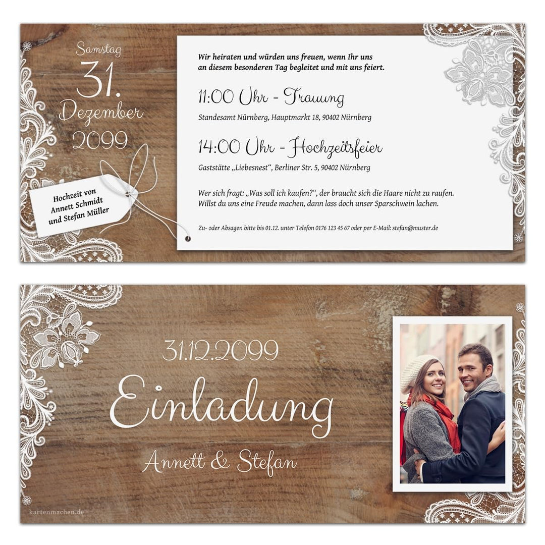 Kartenmachen.de 10 x Hochzeitseinladungen individuell mit Ihrem Text und Foto als DIN Lang Ticket 99