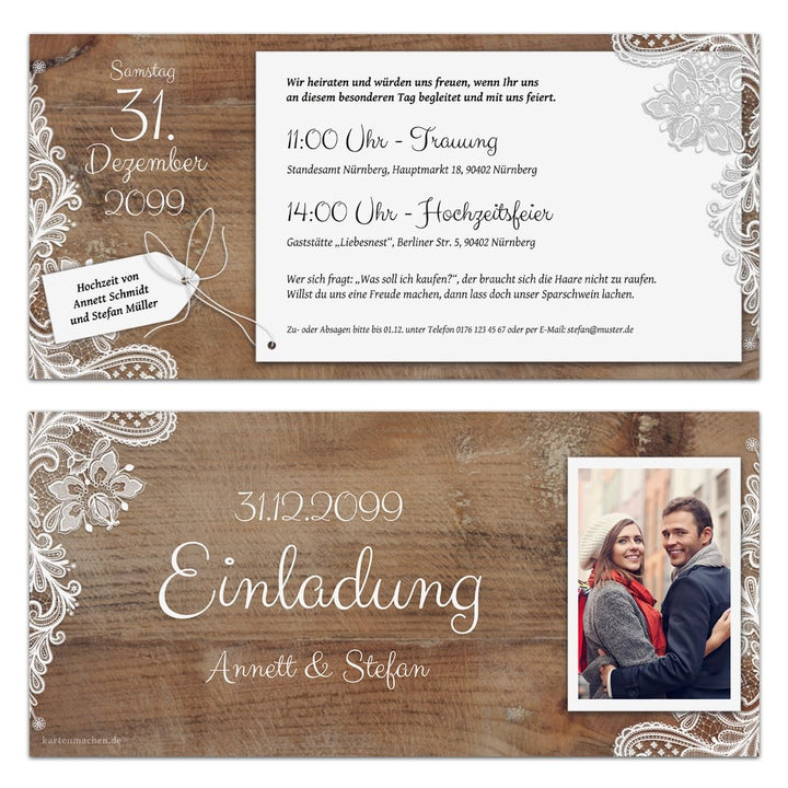 Kartenmachen.de 10 x Hochzeitseinladungen individuell mit Ihrem Text und Foto als DIN Lang Ticket 99