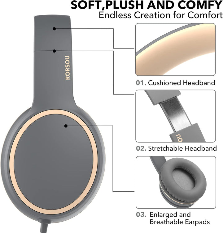 RORSOU R10 Over-Ear-Kopfhörer mit Mikrofon, leichte Faltbare Stereo-Bass-Headset mit 1,5 m verschlin