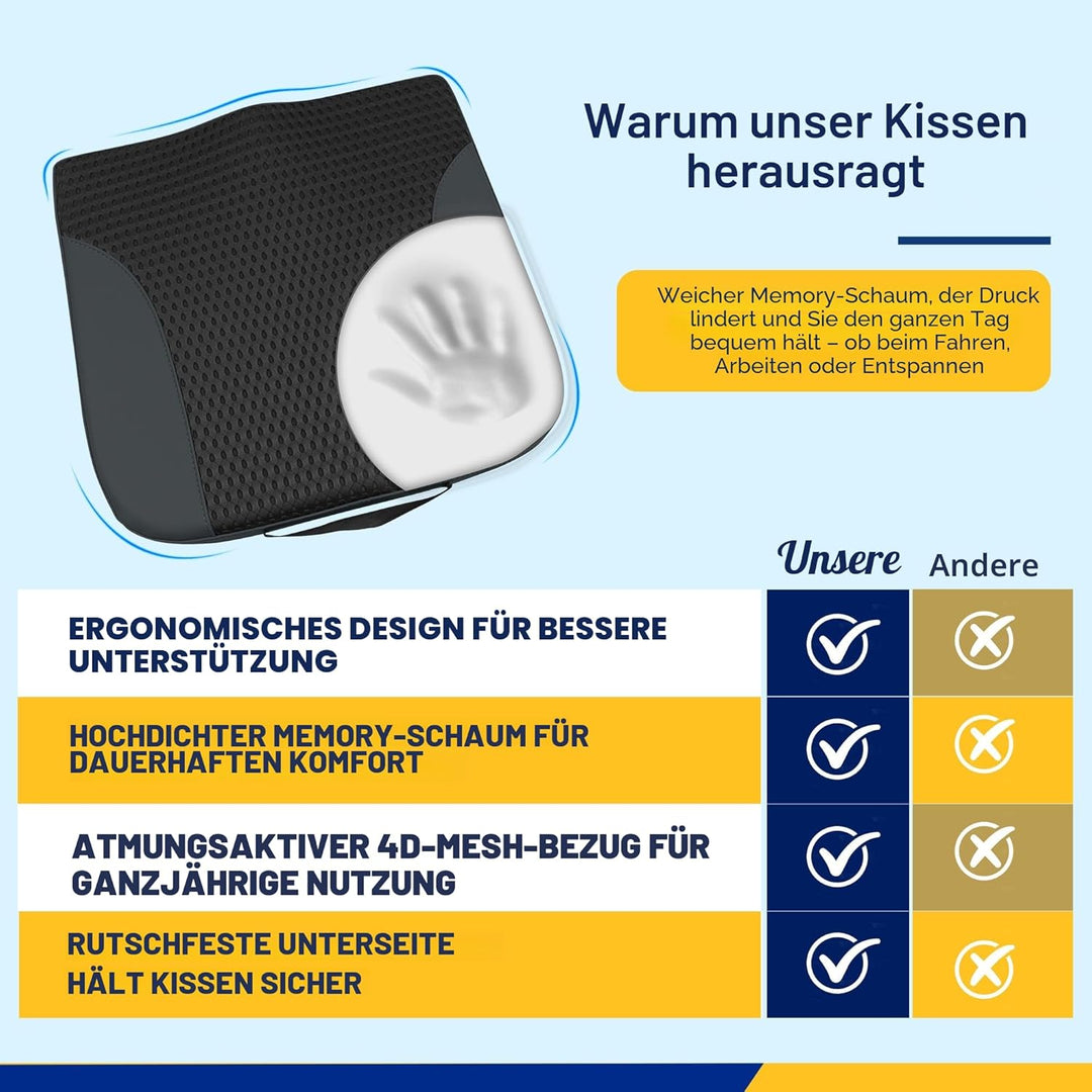 kingphenix Autositzkissen aus Memory Foam – Erhöht die Sitzhöhe, lindert Rückenschmerzen – Ideal für