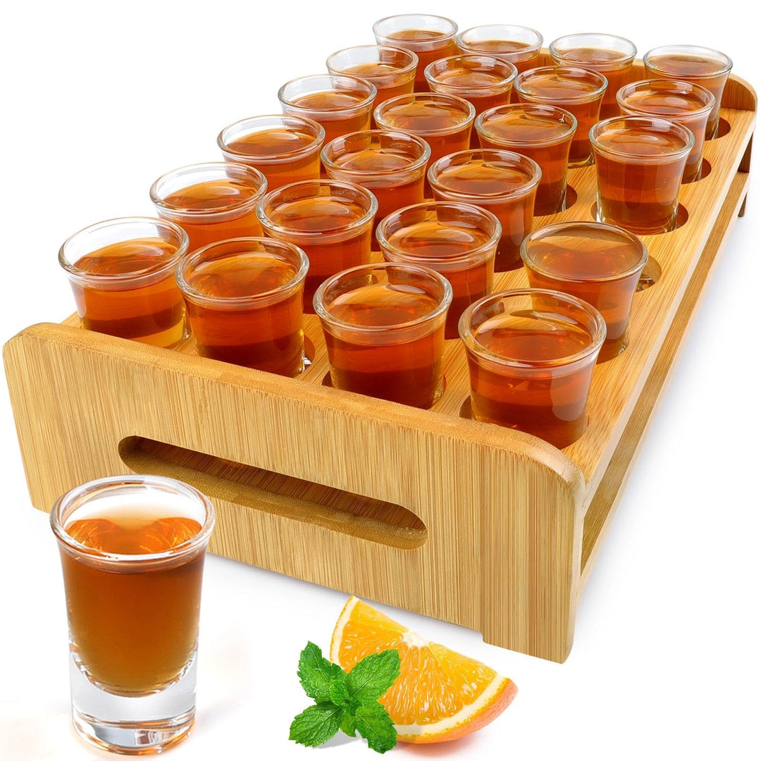 Schnapsglas-Set, 24 Stück, 30 ml, Schnapsglas-Halter, dicker Boden, klares Glas für Party, Club, Bar