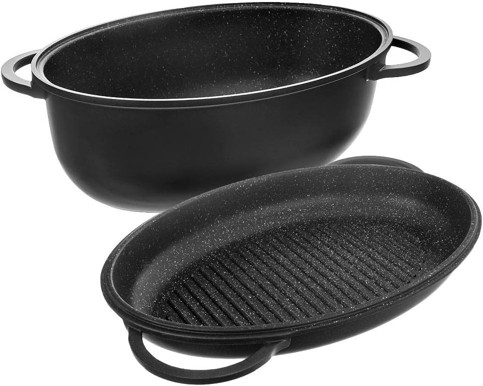 Ovale Bratpfanne Antihaft-Bratpfanne Grillpfanne zum Backen Braten Bräter mit Deckel tief 2in1 10 L