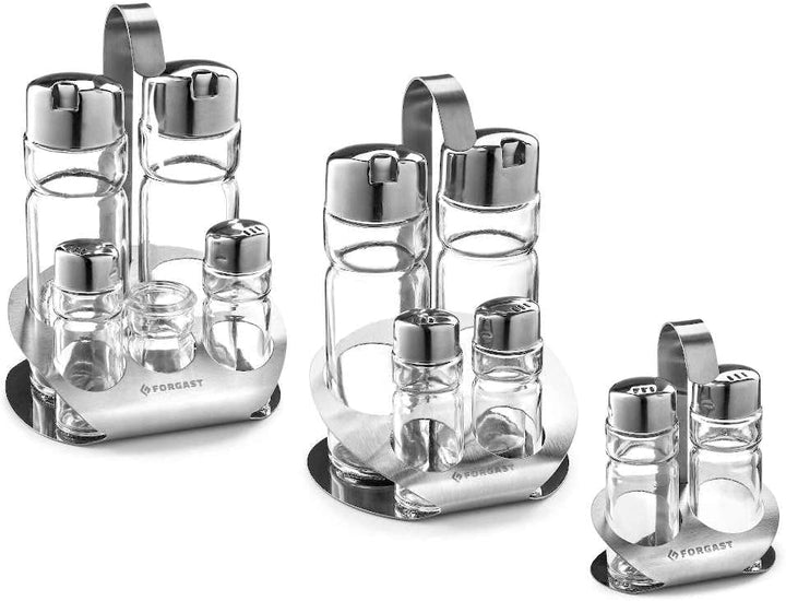 Menage Set | 4-teilig für Pfeffer, Salz, Öl und Essig | aus Edelstahl und transparentem Glas | spülm