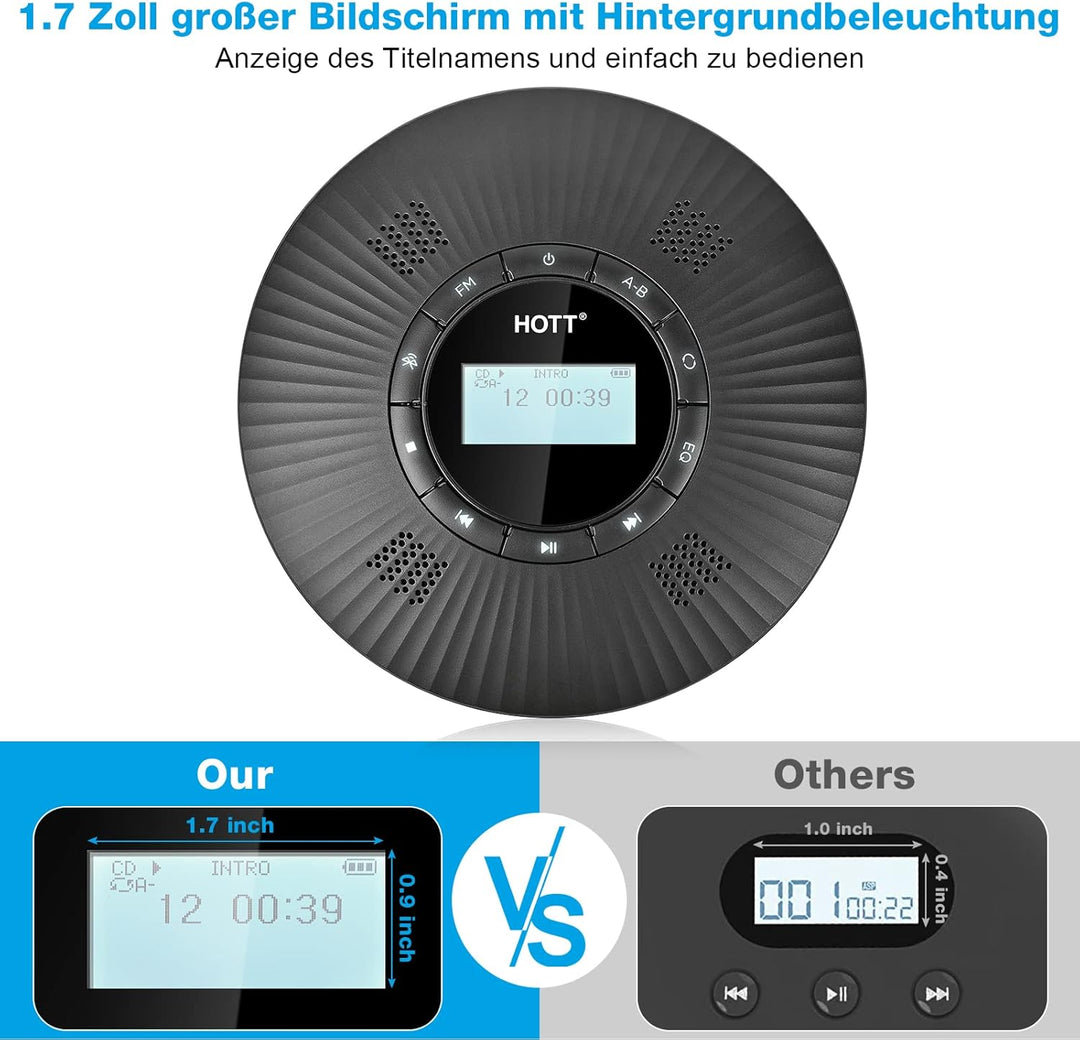HOTT CD Player Tragbar Bluetooth CD-Player mit 4 Lautsprecher und FM-Transmitter, Tragbarer CD Playe