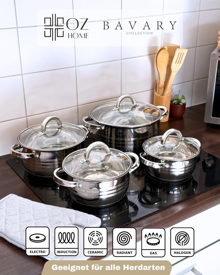 BAVARY Topfset, 12-teilig – 18/10 Edelstahl-Kochtopfset mit Glasdeckeln – Supercapsule-Boden – geeig