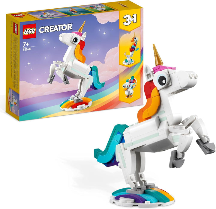 LEGO 31140 Creator 3in1 Magisches Einhorn Spielzeug, Seepferdchen, Pfau, Regenbogen-Einhorn-Tierfigu