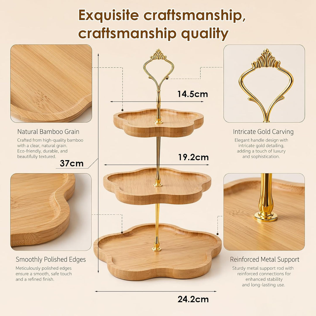 Eleganter Holz-Cupcake-Ständer mit 3 Ebenen und Blumenform-Design, Bambus-Etagere für Cupcakes, Dess