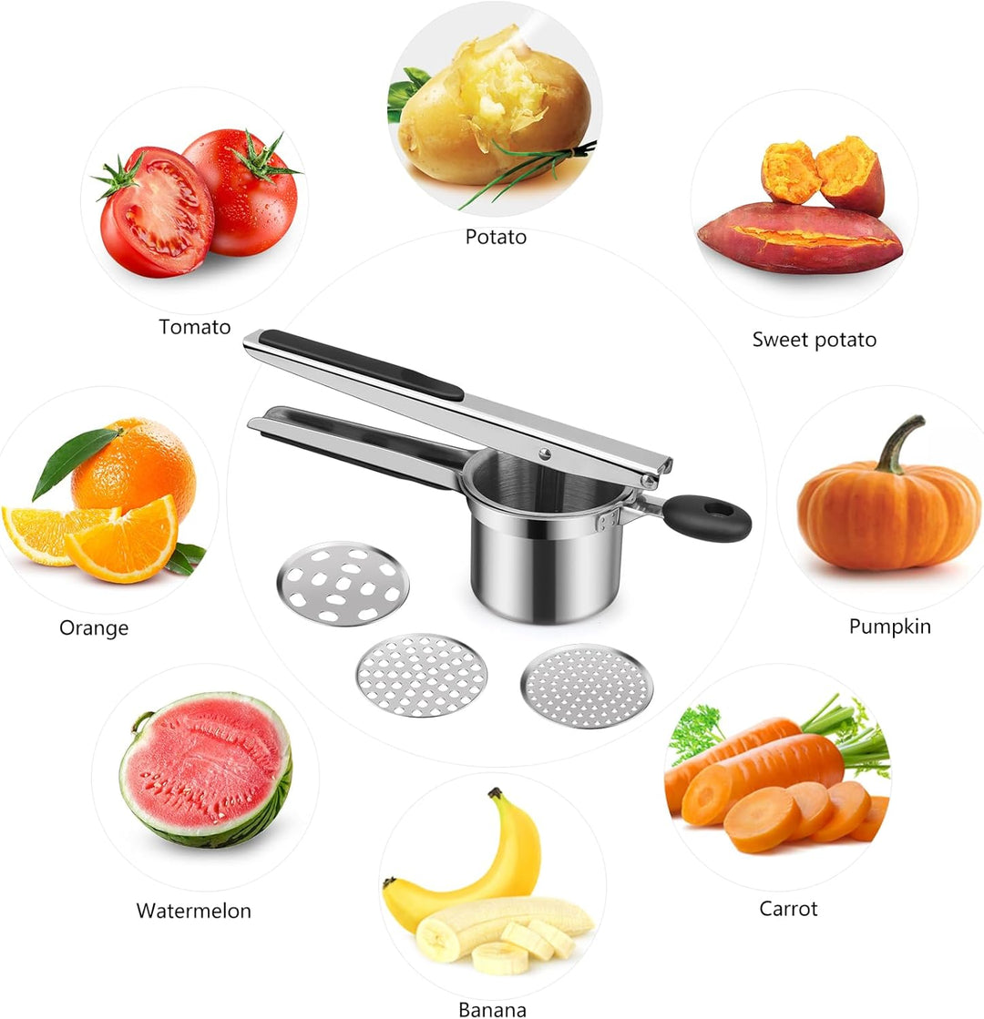 Kartoffelpresse, hicoosee Zunahme Verdicken Edelstahl Kartoffelpressen mit Schäler, 3 Lochscheiben M