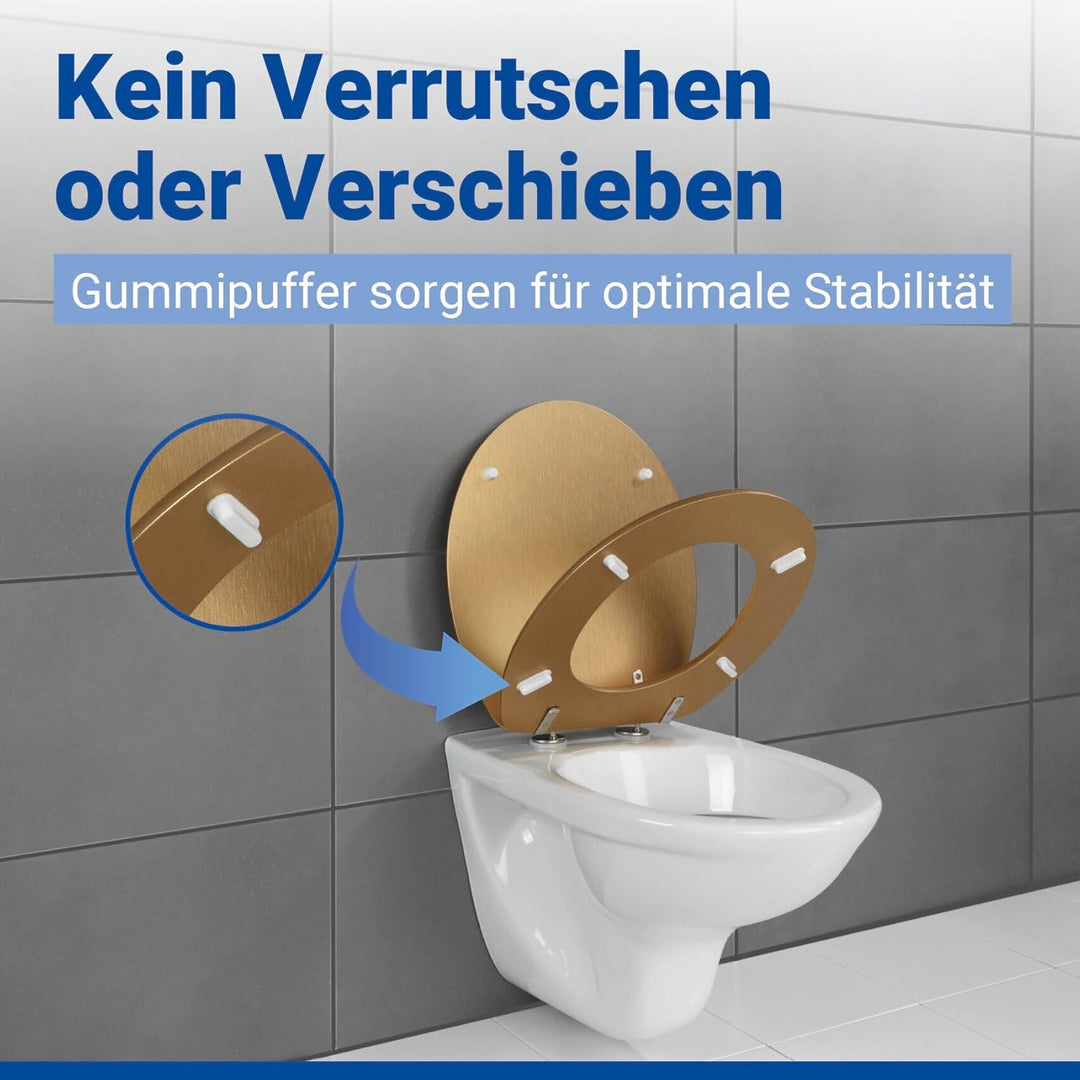 WENKO WC-Sitz Aldeno Gold matt, Toilettensitz aus MDF mit Edelstahl-Befestigung, foliert, dezente Ho