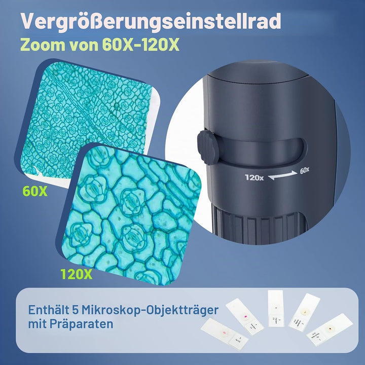 Taschenmikroskop 60-120-facher Zoom mit LED, Handmikroskope für Kinder, Tragbares Mini-Mikroskop mit