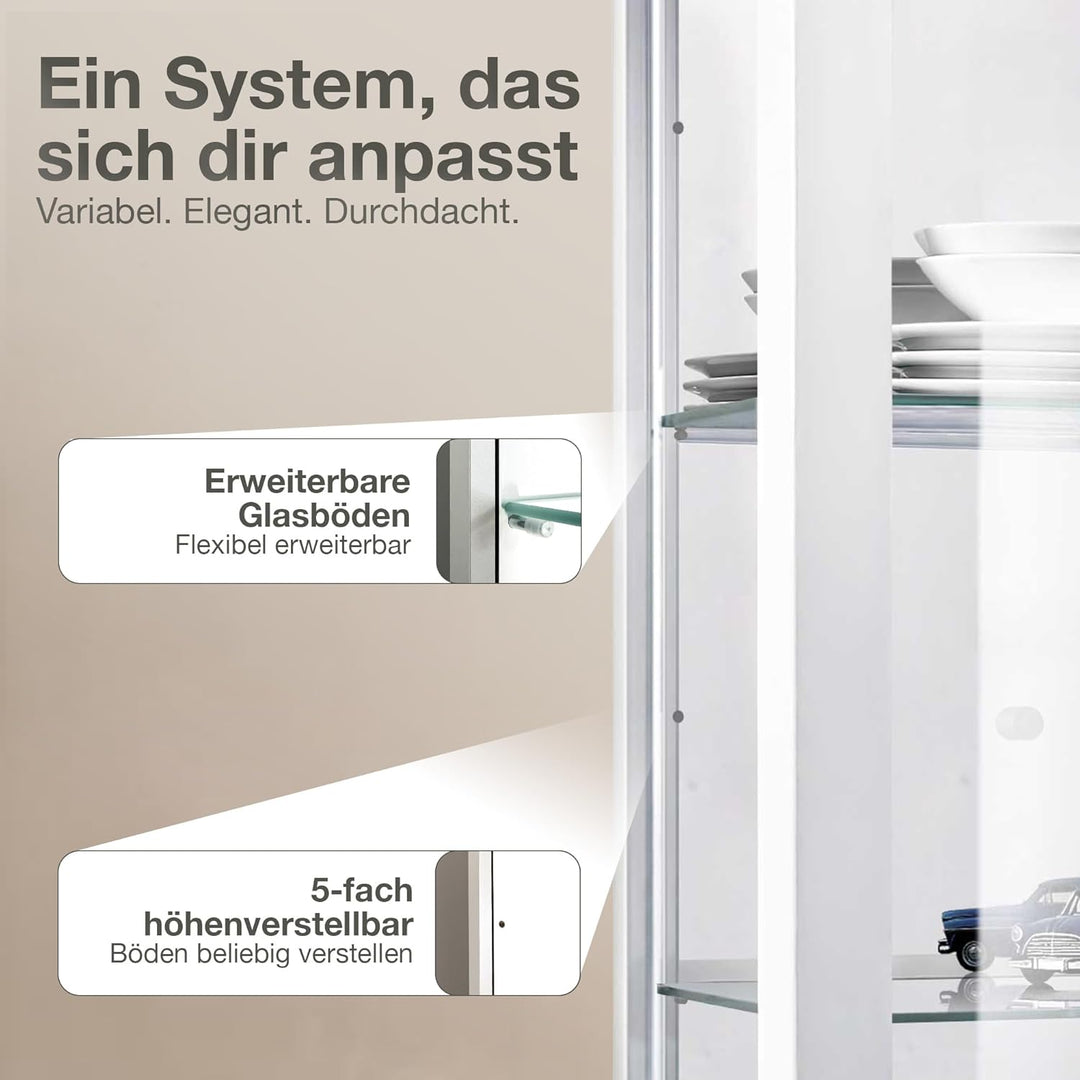 K-Möbel Hängevitrine in Weiss (80x60x25 cm) mit 2 höhenverstellbaren Glasböden, Spiegel & LED - Mode