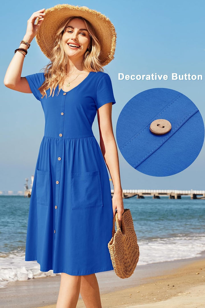 OUGES Sommerkleid Damen Casual Kleid V-Ausschnitt Midi Kleider Knopfleiste Frühlings Freizeitkleid m