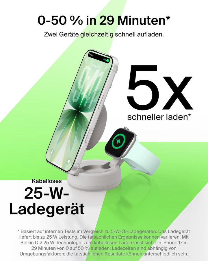 Belkin UltraCharge Pro MagSafe Ladegerät, Induktive Ladestation, Qi2.2 25W Verstellbarer 2-in-1 Wire