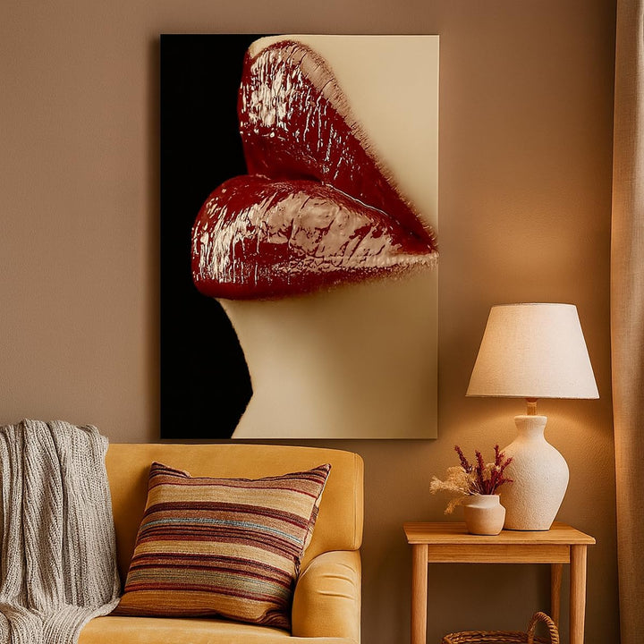Bilder auf Leinwand 55x100cm Leinwandbild mit Rahmen Frau rote Lippen Lippenstift Gesicht Gross Wand