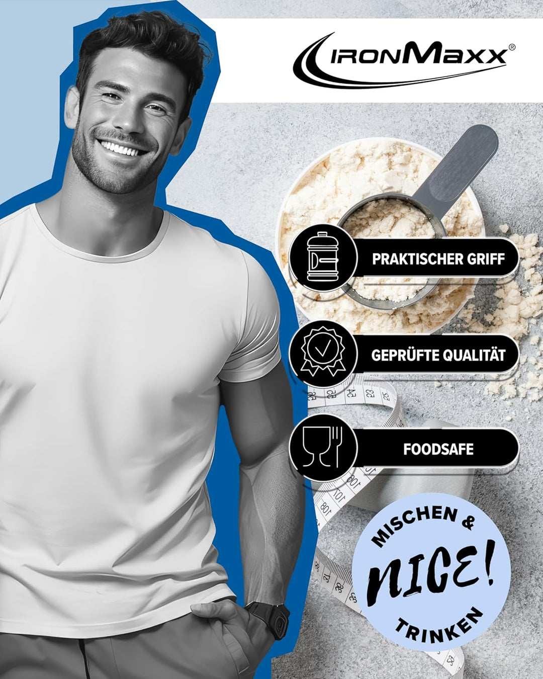 IronMaxx Water Gallon - Blau 2200ml | BPA & DEHP frei | auslaufsichere Trinkflasche mit Messskala |