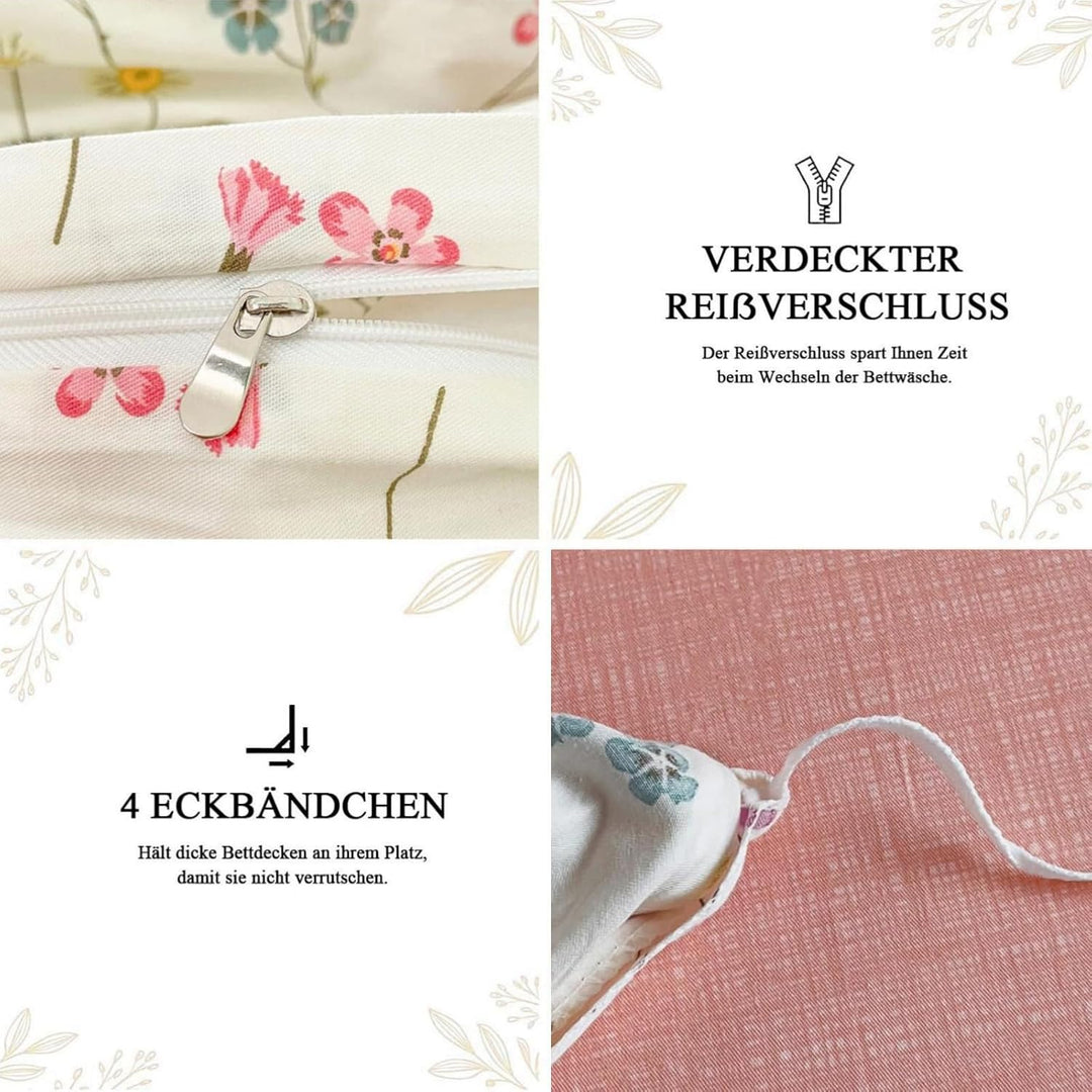 Freyamy Blumen Bettwäsche 135x200cm 2teilig Baumwolle Beige Rosa Bunt Floral Blätter Pflanzen Wende