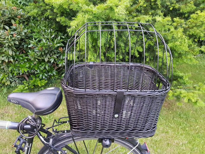 Tigana - Hundefahrradkorb für Gepäckträger aus Weide mit Gitter 50 x 38 cm Eckig Schwarz (S-S) (mit