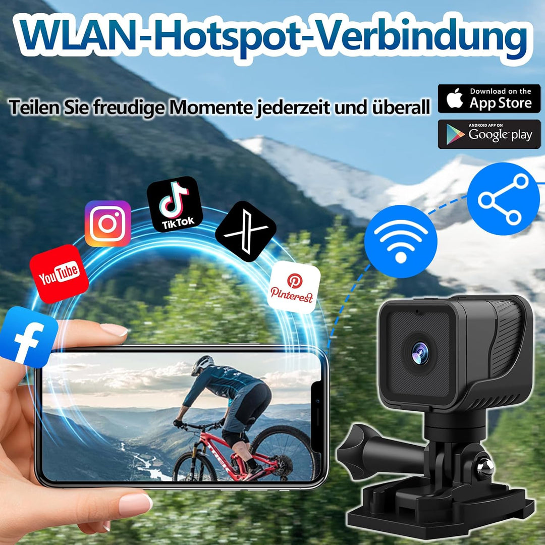 Mini Action Cam, WiFi 1080P HD & 120° Weitwinkel Helmkamera, 4 Stunden grosser Akku Actionkameras mi