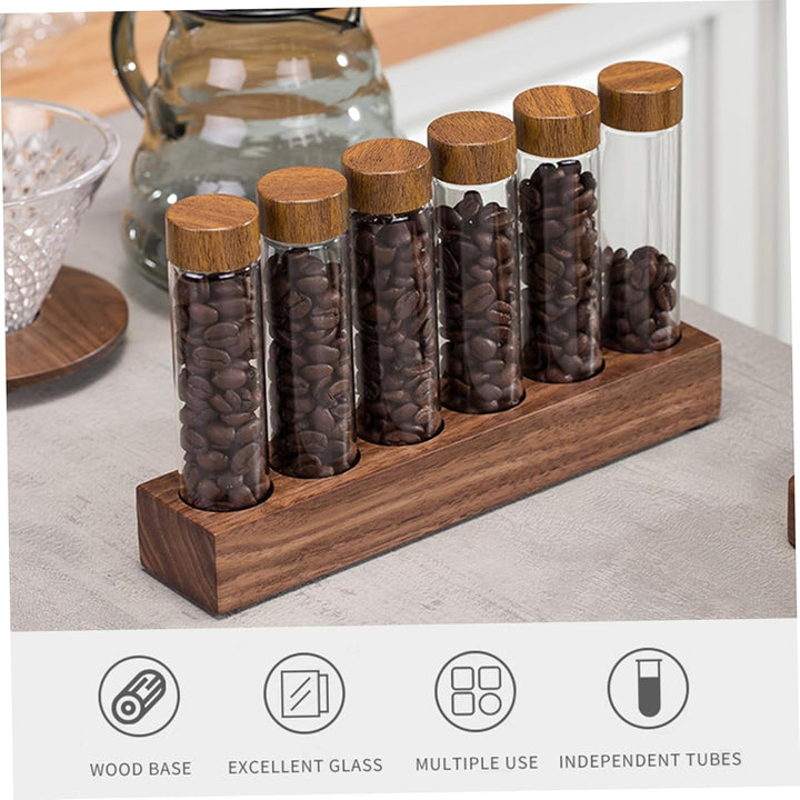 Kaffeebohnen -Röhren Kaffeebohnenkeller 6pcs Einzeldosis Kaffeebohnen -Lagerrohre mit Holzständer ＆