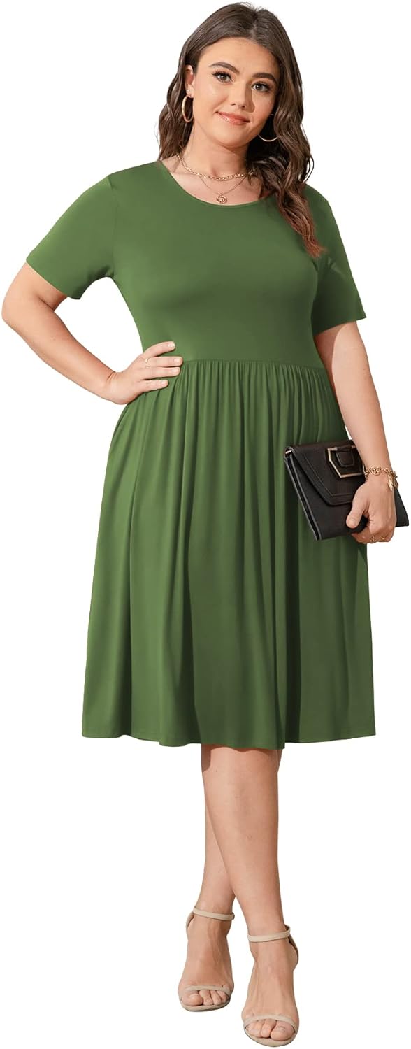 POSESHE Damen-Sommerkleid in Übergrösse 2023, lässig, kurzärmelig, Empire-Taille, lockere Passform,