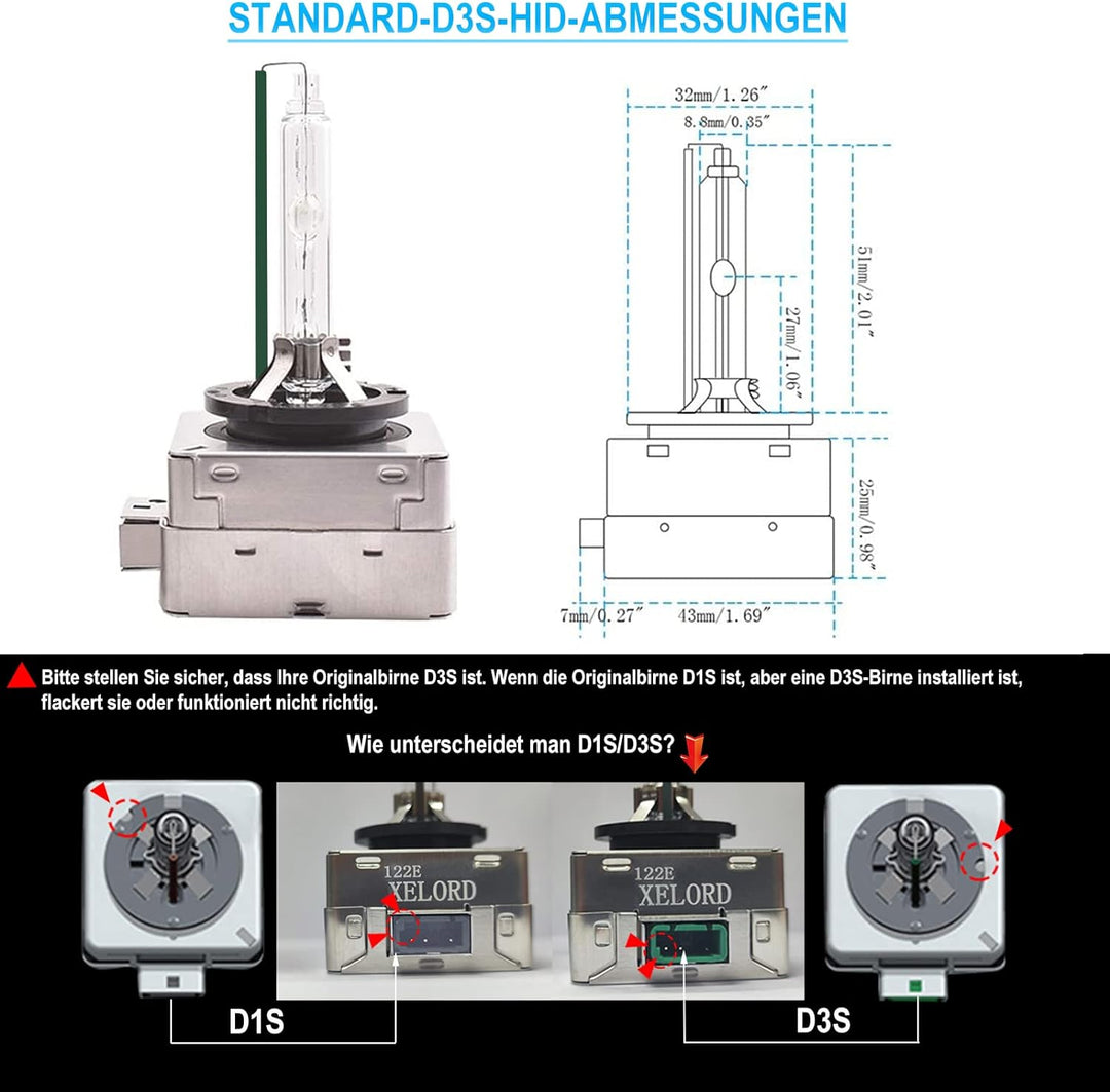 XELORD D3S 6000k Xenon Brenner Birne 35W HID Scheinwerferlampe 12V Autolampe(2 Stück)