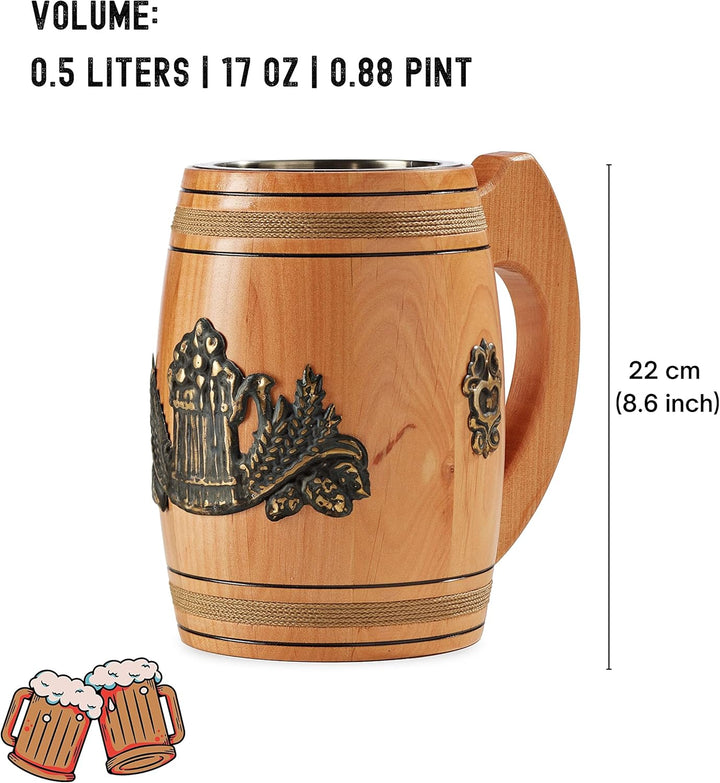 Bierkrug aus Holz, handgefertigt, echte Eiche, 0,5 l, Fassungsvermögen, hellbraun, mittelalterliches