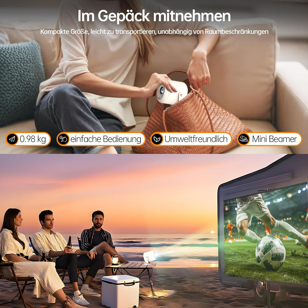 Mini Beamer, 4K Decoding Full HD 1080P, Auto-Keystone Electric Focus, Wi-Fi 6 & Bluetooth 5.0, Wi-Fi