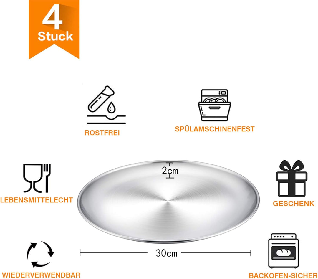 TEAMFAR Pizzablech, Rund Pizzaform Pizzapfannen 4er-Set aus Edelstahl, ∅ 29 cm Pizza Backblech zum B