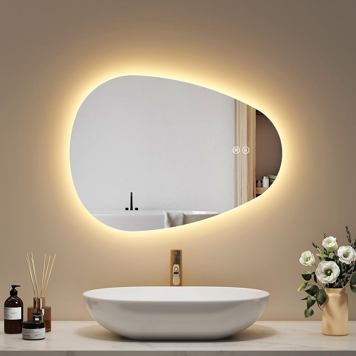 EMKE Badspiegel mit Beleuchtung 60 x 45 cm Asymmetrischer Spiegel mit Touch, 3 Lichtfarben Dimmbar,