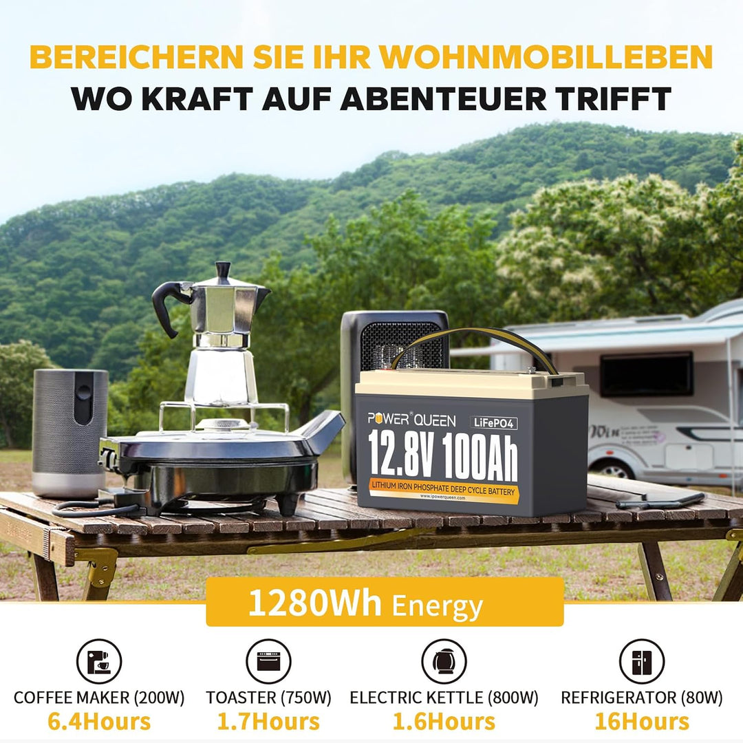 Power Queen 12V 100Ah Lithium LiFePO4 Batterie, gebaut in Smart 100A BMS, Niedrigtemperaturschutz 40