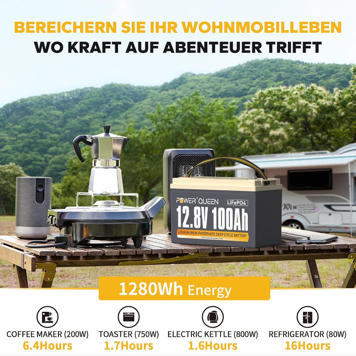 Power Queen 12V 100Ah Lithium LiFePO4 Batterie, gebaut in Smart 100A BMS, Niedrigtemperaturschutz 40