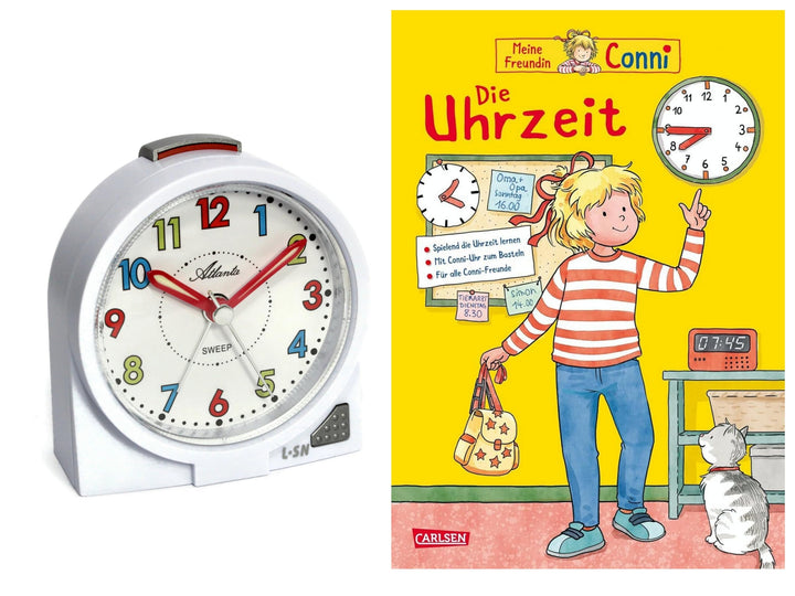Atlanta Kinderwecker Mädchen ohne Ticken + Kinderbuch Conni Die Uhrzeit - 2127/0 BU (Weiss Conni), W