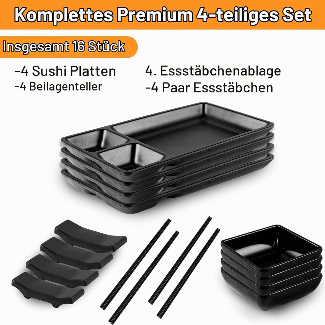 16-tlg. Japanisches Sushi Set Schwarz - Japanese Geschirr aus Melamin Enthält 4 Parr Sushi Stäbchen,