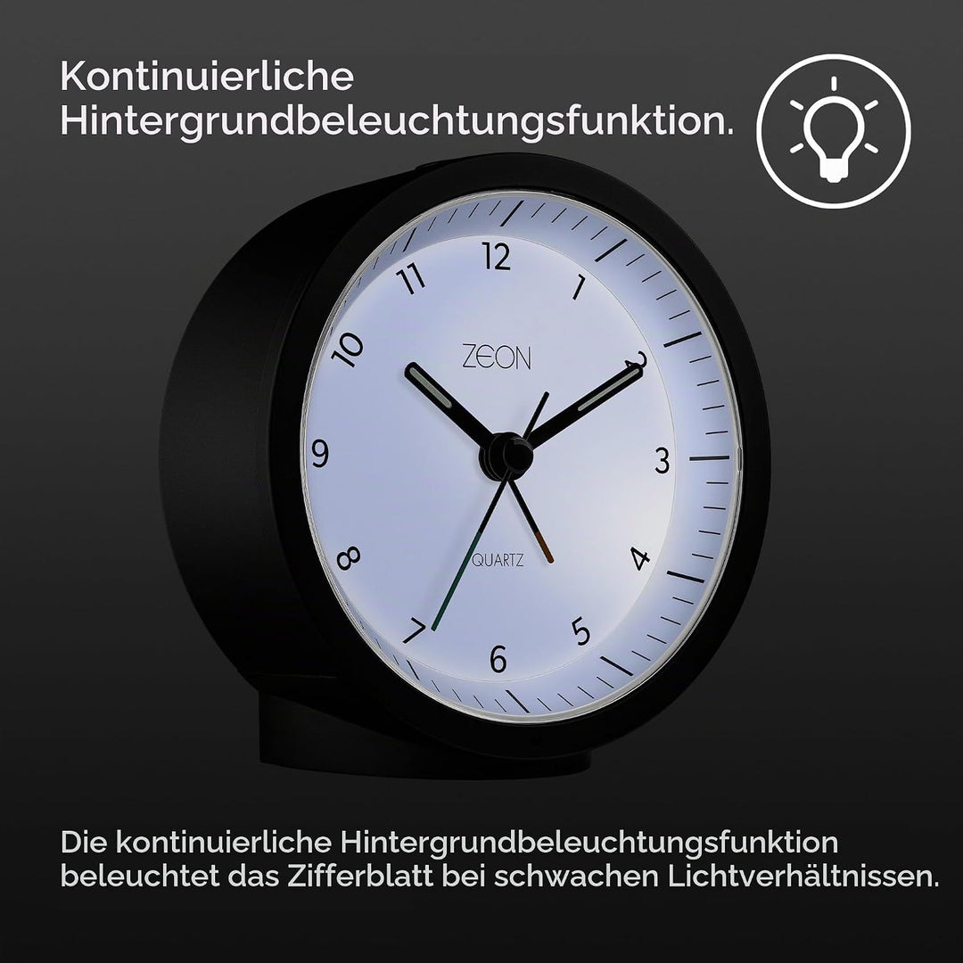 ZEON runder analoger Wecker mit Licht- und Schlummerfunktion, geräuschloser, batteriebetriebener Nac