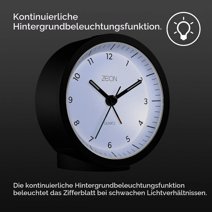 ZEON runder analoger Wecker mit Licht- und Schlummerfunktion, geräuschloser, batteriebetriebener Nac