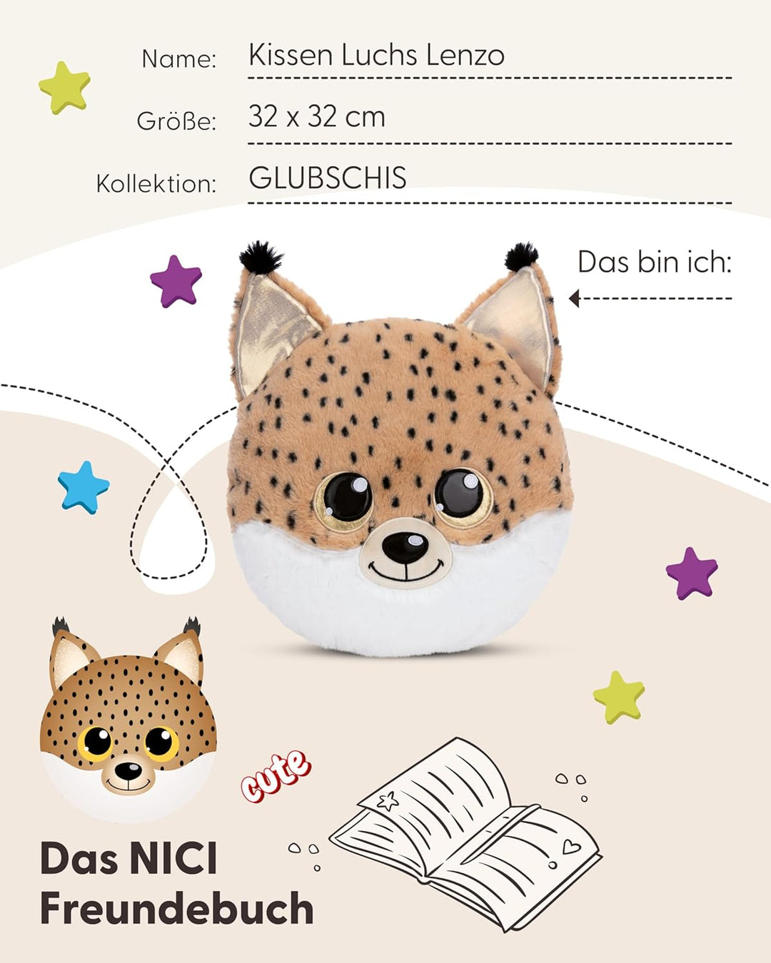 NICI Kuscheltier Kissen GLUBSCHIS Luchs Lenzo 32 x 32 cm - Flauschig-weiches Kuschelkissen für Babys