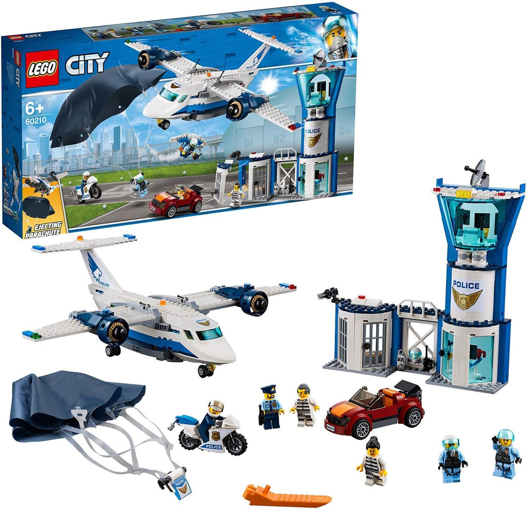 LEGO 60210 City Polizei Fliegerstützpunkt, Flugzeug mit Fallschirmjäger Plus Jetpack, Motorrad und A