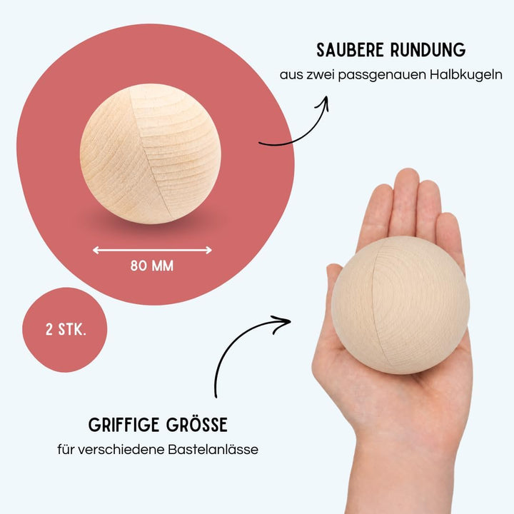 EV® Holzkugeln ohne Loch - 2 Stück 80mm Durchmesser - Made in Austria - Grosse Holzperlen ohne Bohru