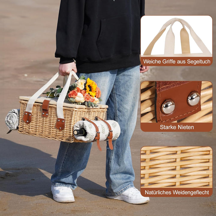 Picknickkorb-Set mit Mini-Klapptisch und Besteck-Set, Picknickkorb für 4 Personen mit kühltaschen, F